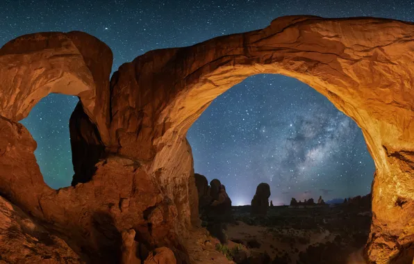 Space, stars, light, night, stones, rocks, desert, view