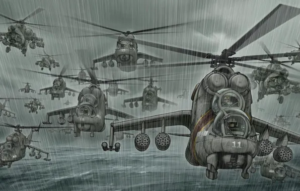 Sea, Rain, Helicopter, Art, A lot, BBC, Mi-24, Helicopters