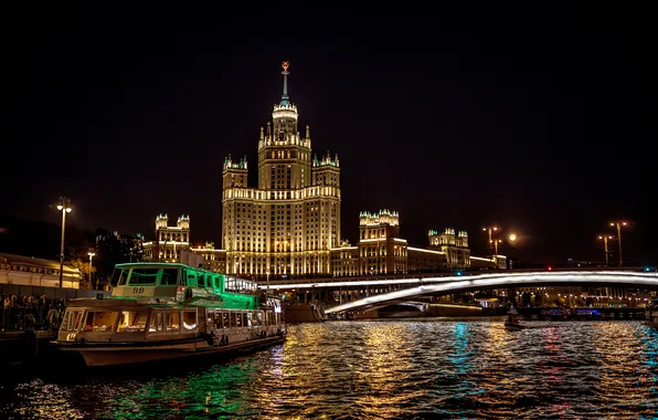 Picture night, bridge, Moscow, Russia, The Moscow river, Stalin's high-rise