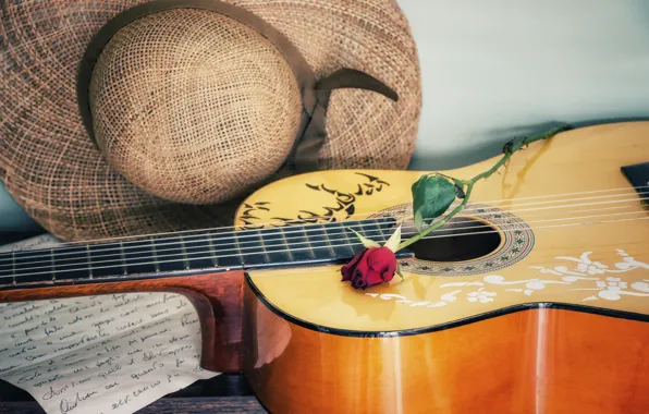 Flower, text, paper, music, rose, guitar, hat, records