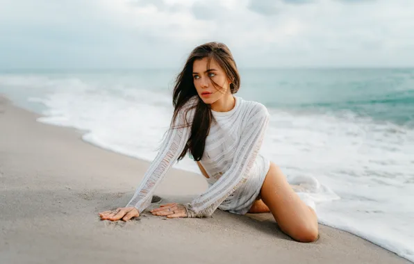Sea, beach, girl, pose, the ocean, dress, long hair, Christina