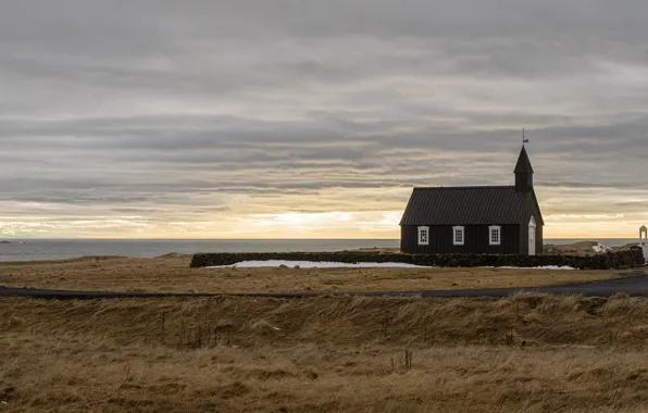 Picture sea, field, the sky, clouds, landscape, overcast, shore, home