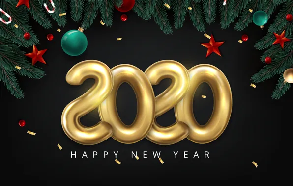 Balls, branches, New year, stars, needles, the dark background, 2020