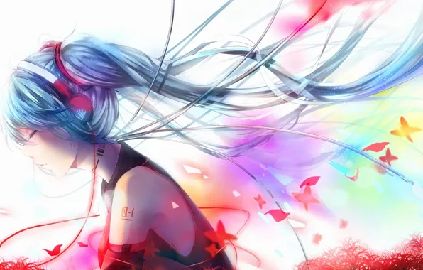Girl, flowers, wire, anime, petals, headphones, art, vocaloid