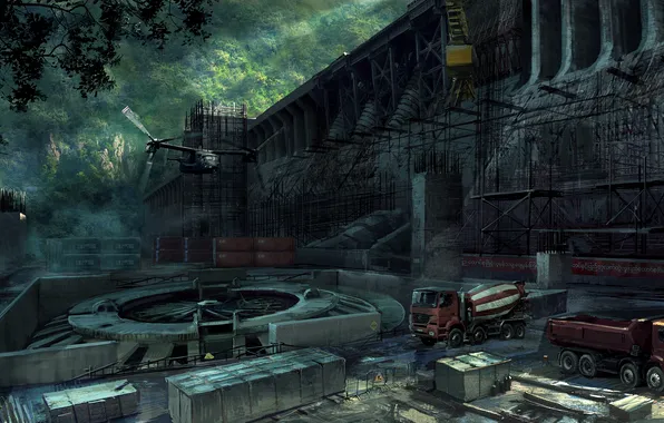 Trees, the plane, the building, Containers, 007 Blood Stone