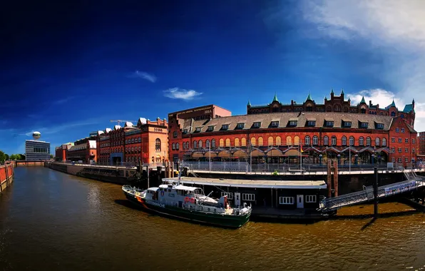 The city, river, photo, home, yacht, Germany, Hamburg
