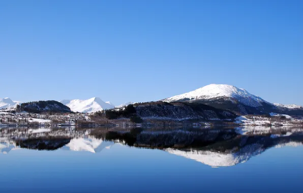 Picture the sky, snow, mountains, lake, reflection, town
