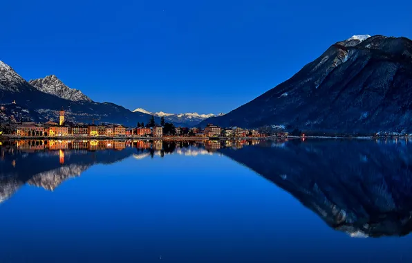The sky, mountains, night, lights, lake, reflection, blue, mirror