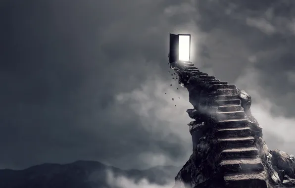 Light, fantasy, staircase, door
