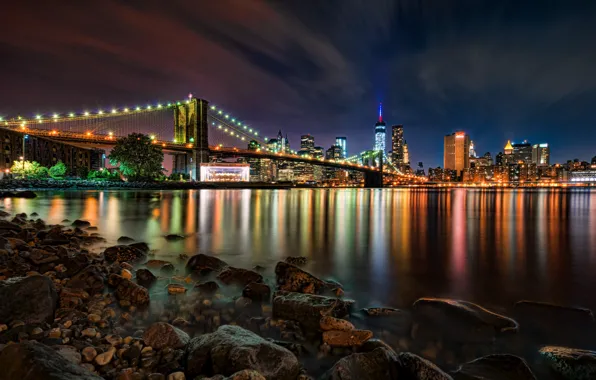 The sky, clouds, night, bridge, the city, lights, reflection, stones