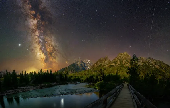 Forest, stars, mountains, night, bridge, lake, rocks, shore