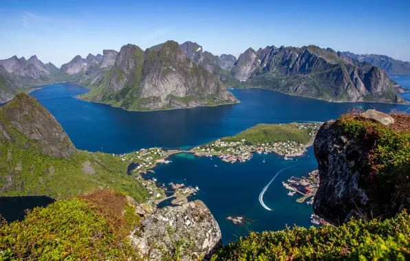 Sea, the sky, the sun, mountains, stones, rocks, height, Norway