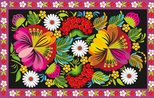 Flowers, berries, pattern, ornament, painting, folk
