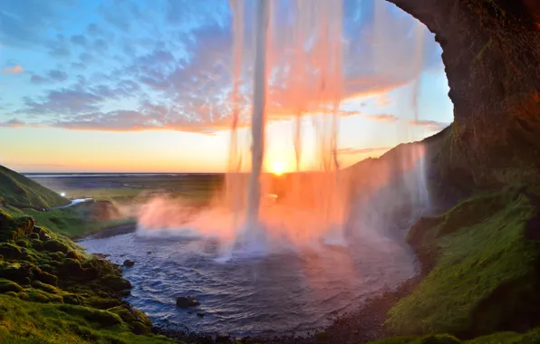 Sunset, waterfall, stream, Iceland, Iceland, Seljalandsfoss, Seljalandsfoss
