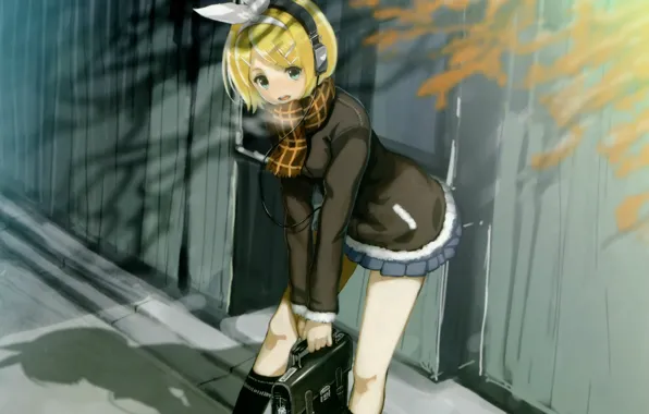 The fence, shadow, headphones, scarf, knee, vocaloid, portfolio, Rin Kagamine