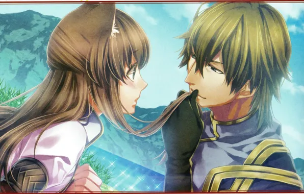 Hair, two, demons, ears, art, flirting, canoe, visual novel