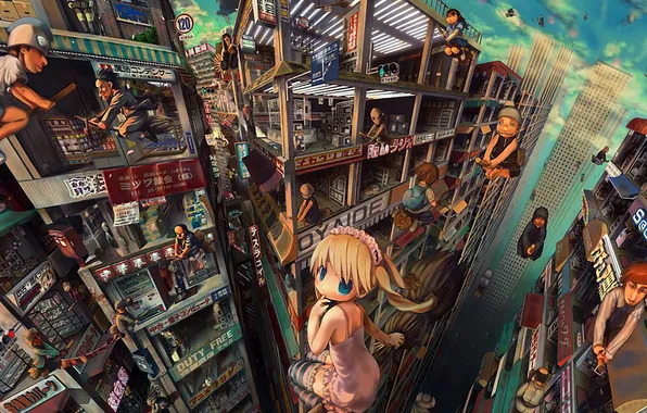 Picture the city, fantasy, anime, girl, flight, broom, people