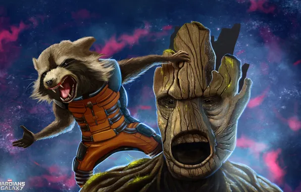 Picture rocket, raccoon, Guardians of the Galaxy, groot