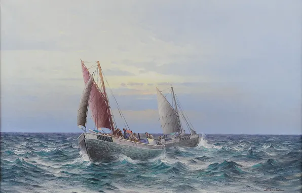 Sea, wave, oil, picture, boats, sails, canvas, JOHAN