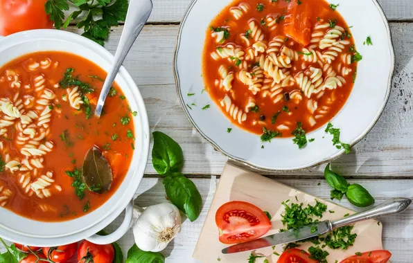 Knife, tomatoes, garlic, pasta, tomato soup, Basil