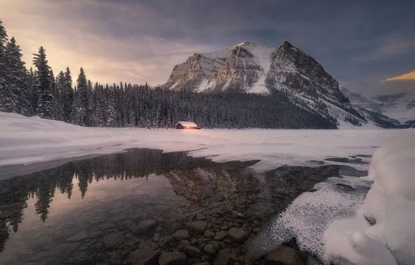 Winter, forest, snow, mountains, lake, hut, Canada, Albert