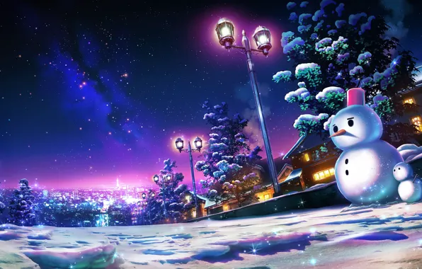 Picture winter, the sky, snow, trees, night, the city, snowmen, by monorisu