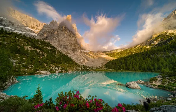 Picture mountains, lake, Alps, Italy, The Dolomites
