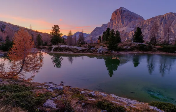 Autumn, trees, sunset, mountains, lake, reflection, rocks, shore