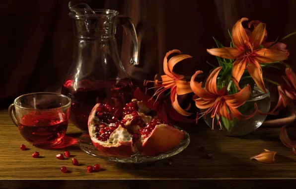 Flowers, Lily, juice, mug, Cup, pitcher, still life, grain