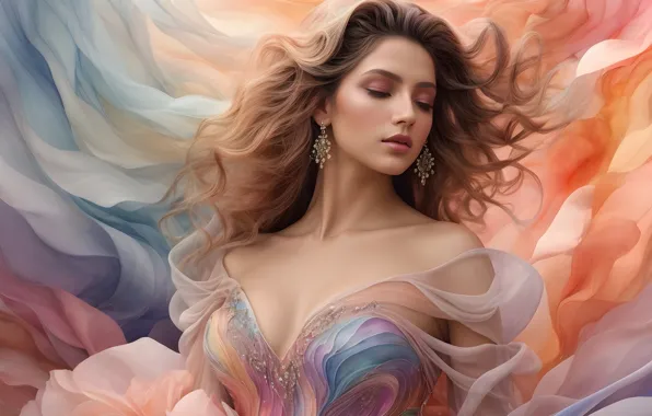 Chest, girl, face, earrings, silk, dress, beauty, fabric