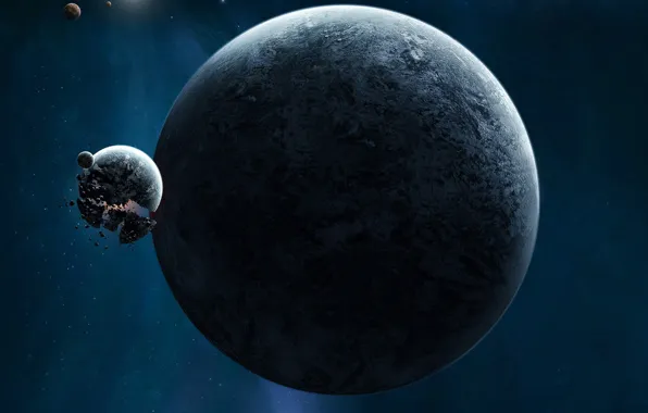 Picture space, the explosion, fragments, planet, satellite