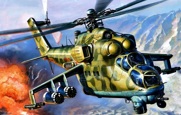 Mountains, the explosion, THE SOVIET AIR FORCE, Mi-24V, Soviet attack helicopter, "Crocodile", the war in …
