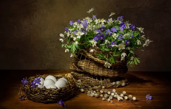 Flowers, table, eggs, spring, Easter, white, still life, network