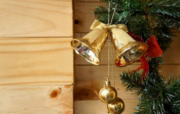 Balls, branches, Board, Christmas, New year, decoration, bells, bells