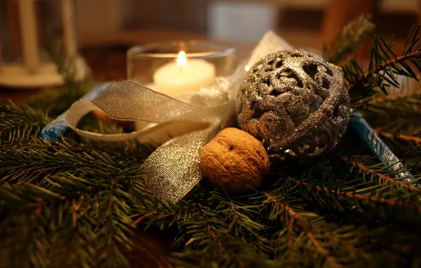 Branches, table, toy, Shine, candle, ball, walnut, Christmas