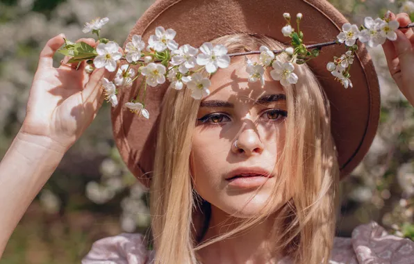 Look, girl, face, cherry, portrait, branch, spring, hat