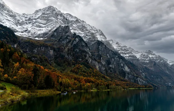 Switzerland, autumn, mountains, lake, rocks, shore, boats, mounts