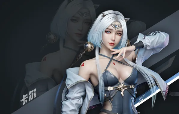 Picture cleavage, long hair, weapon, women, big boobs, fantasy art, CGI, looking at viewer