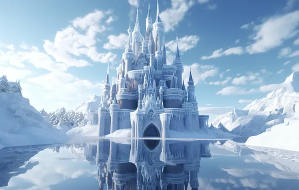 Winter, frost, clouds, snow, mountains, reflection, castle, rocks