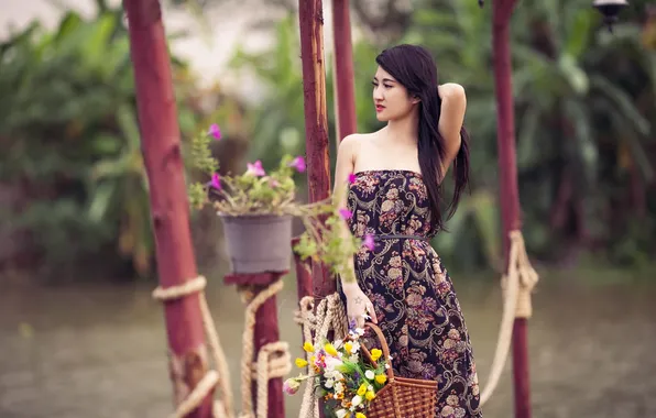 Girl, flowers, Asian