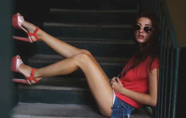 Girl, feet, shorts, glasses, legs, sandals