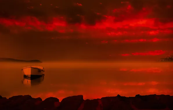 The sky, mountains, fog, lake, boat, glow