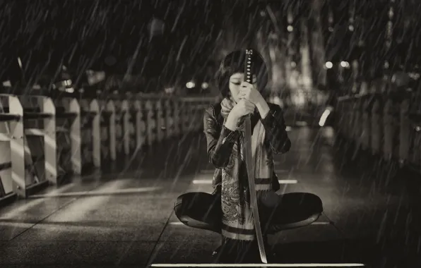 Picture girl, background, rain, sword, katana, Asian