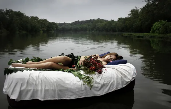 Girl, flowers, lake, the situation