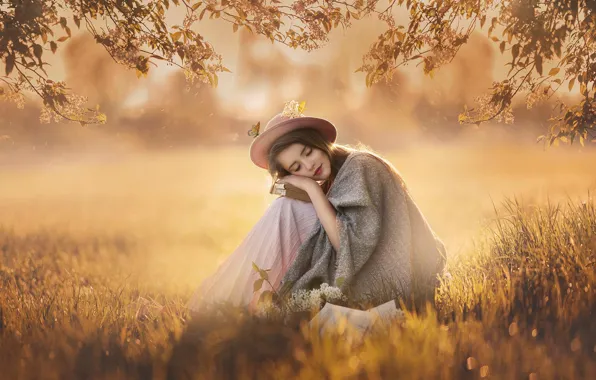Picture girl, branches, pose, mood, butterfly, books, hat, shawl