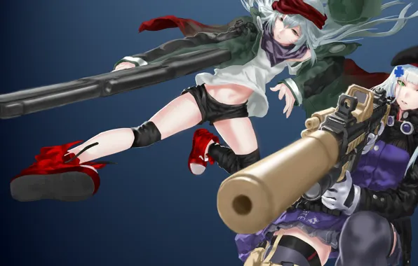 Weapons, girls, anime, art, blue background, Girls Frontline, Girls front