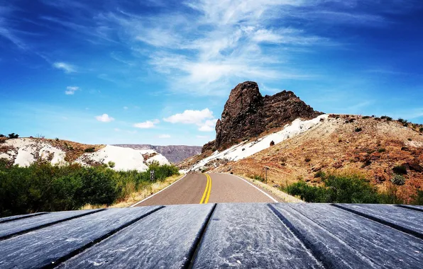 Road, clouds, snow, mountains, blue, the slopes, Board, dal