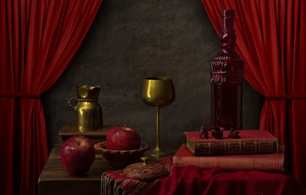 Red, bottle, Apple, glasses, book, curtains