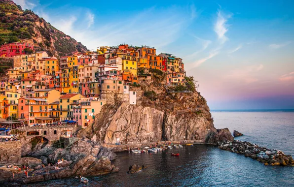 Sea, the city, rocks, Italy, Manarola