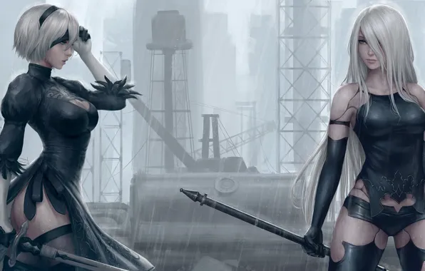 Picture sword, game, ass, robot, rain, long hair, mecha, weapon